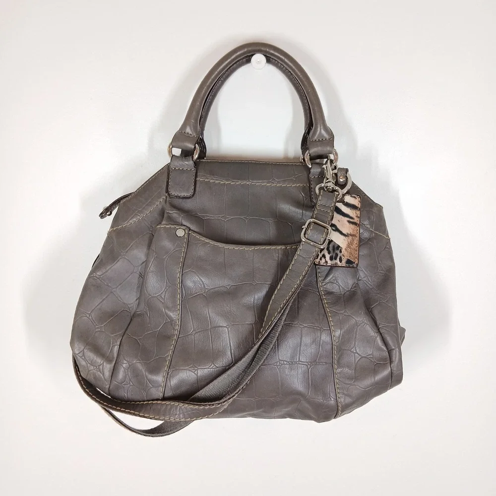 Tignanello Satchel Women's Gray Leather Animal Print Convertible Shoulder Bag